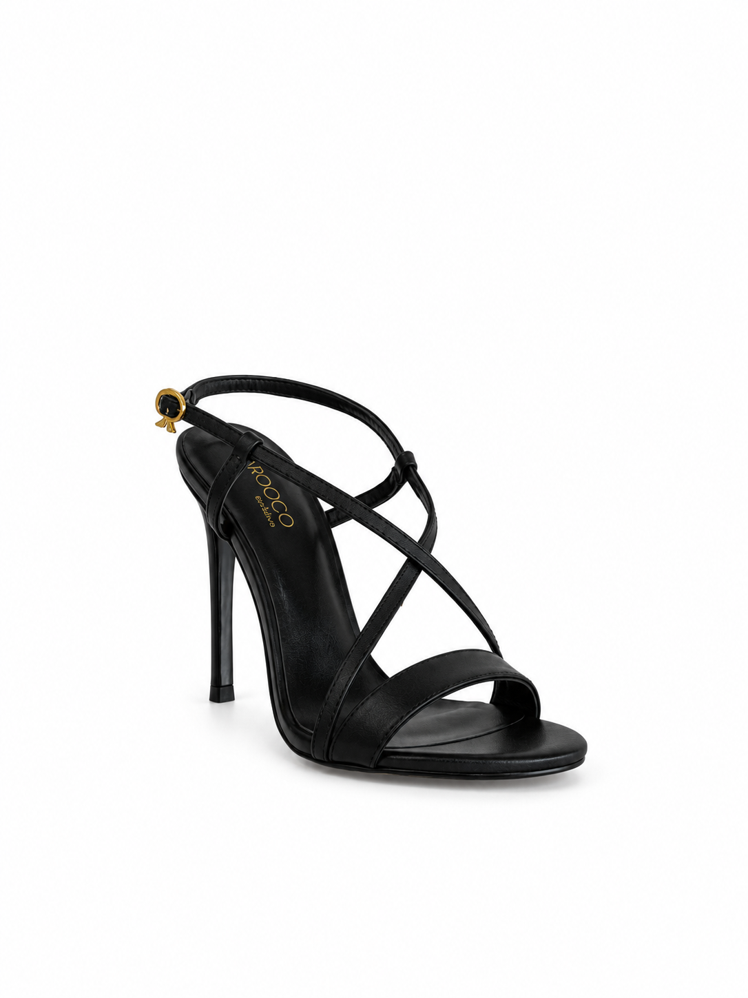 Black leather strappy heeled sandals with gold ring buckle, open toe, stiletto heel