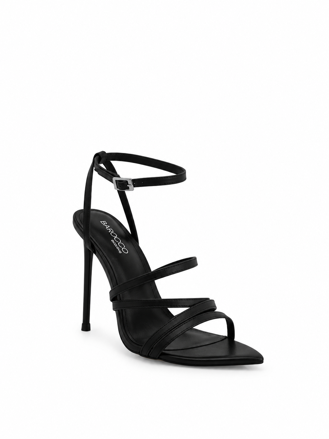 Black leather heeled sandals with multiple straps and square buckle, stiletto heel