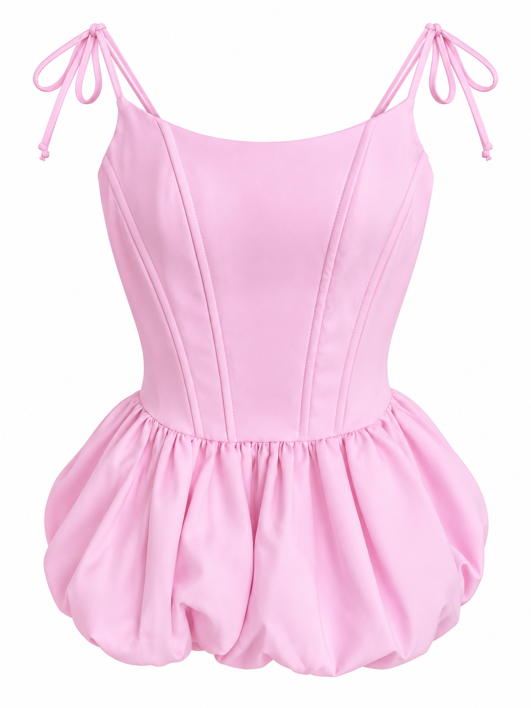 Pink satin corset top with bubble peplum and bow-tie straps