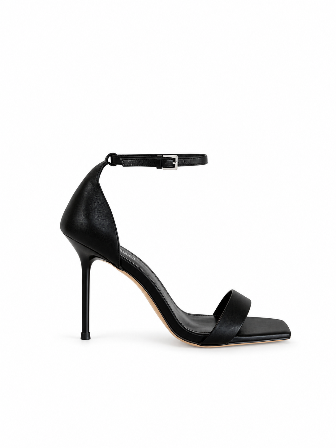Black leather heeled sandals with ankle strap and open toe, high stiletto heel