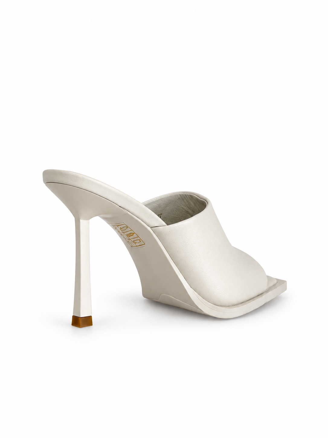 Ivory leather mule with open toe and 100mm stiletto heel, slip-on side view