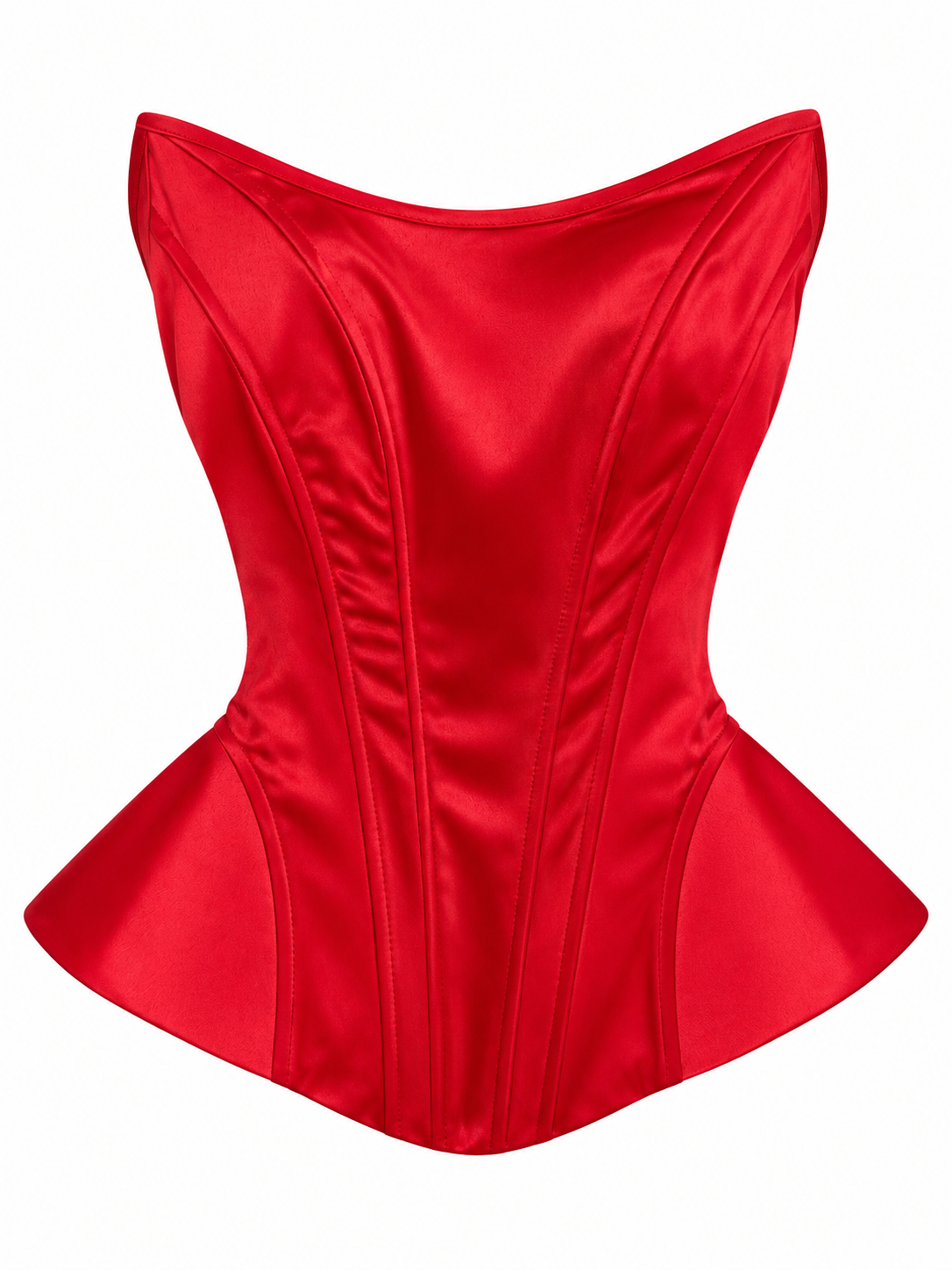 Red satin corset top with structured boning seams and sweetheart neckline
