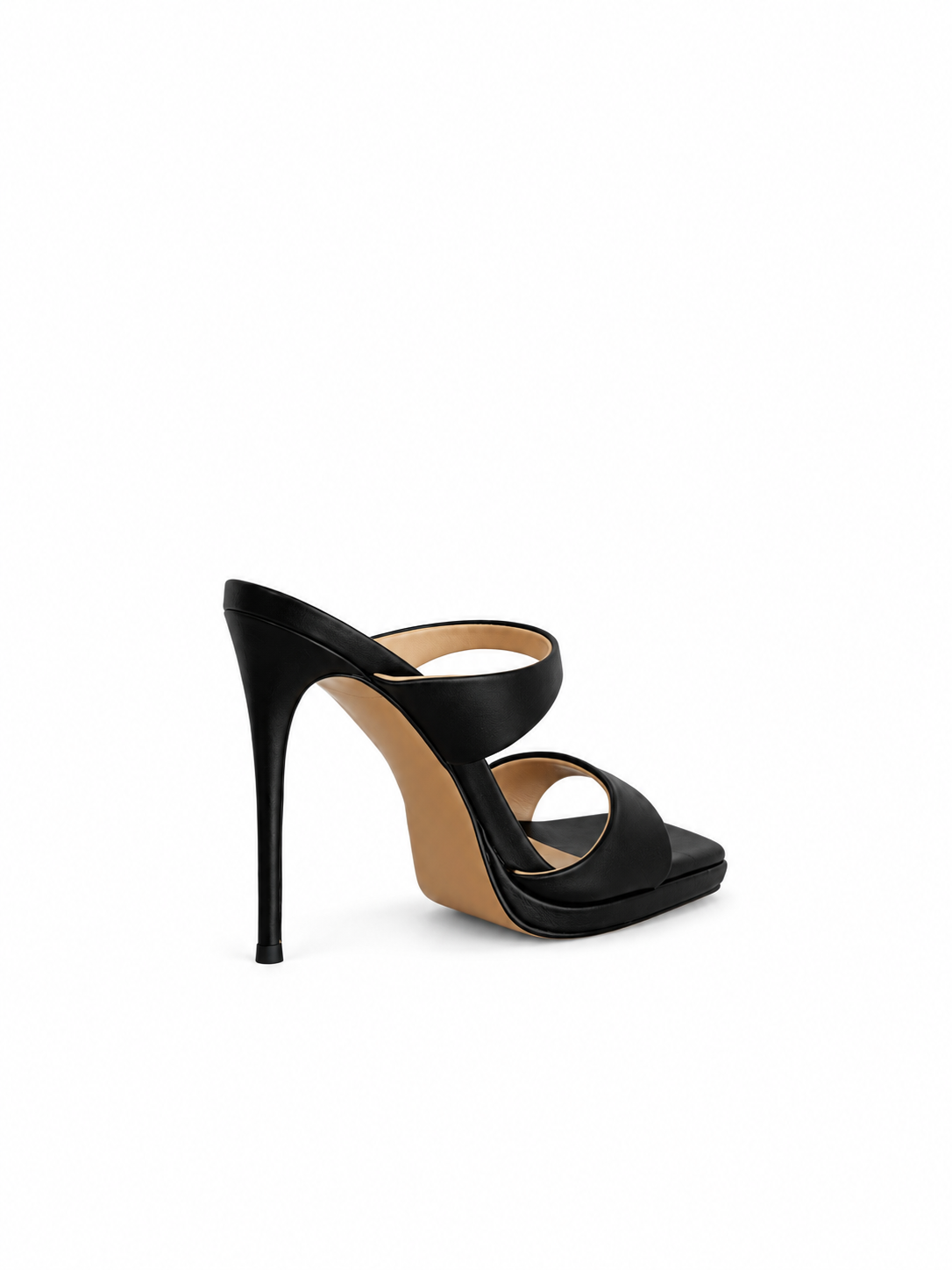 Black open-toe heeled sandals with ankle strap and slim stiletto heel