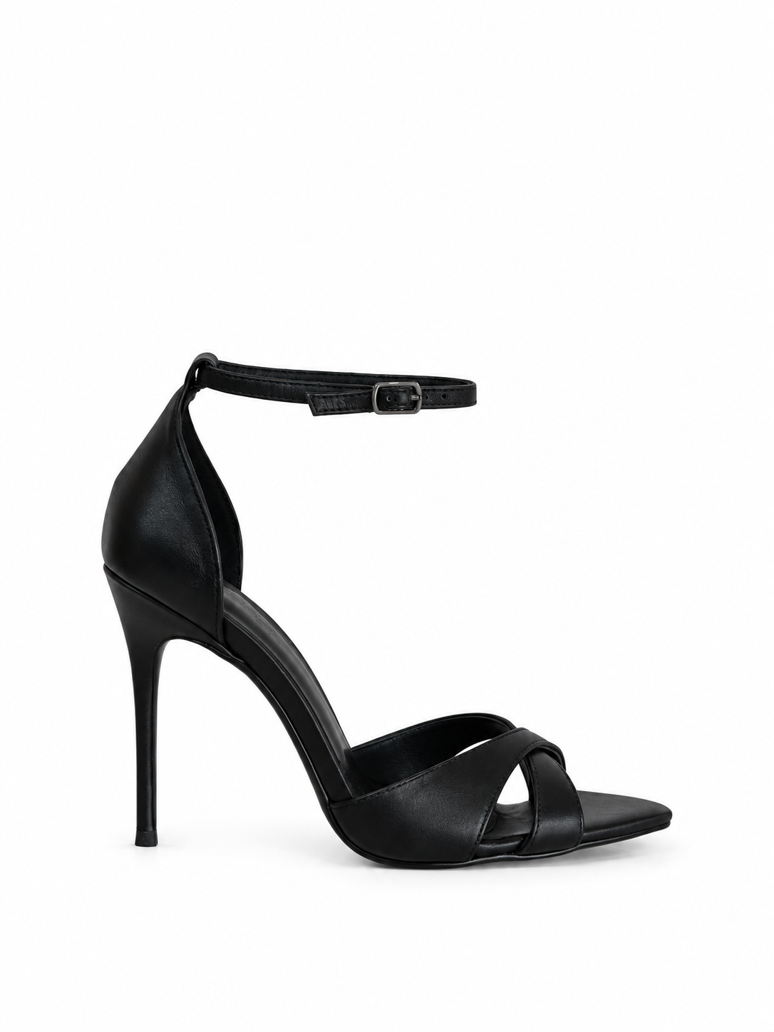 Black leather heeled sandals with ankle strap, toe strap, and open sides