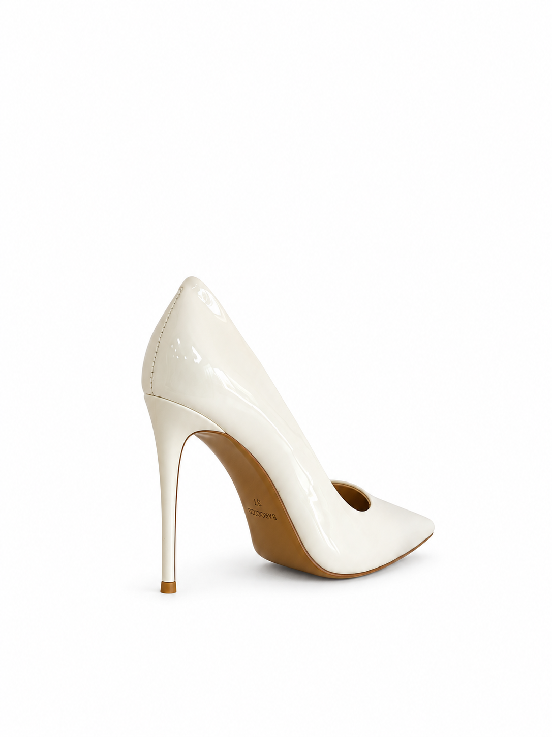 White patent leather pointed pumps, side view, slim stiletto heel