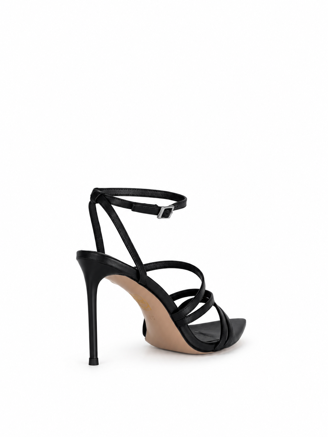 Black leather heeled sandals with ankle buckle strap and crossed toe straps, stiletto heel