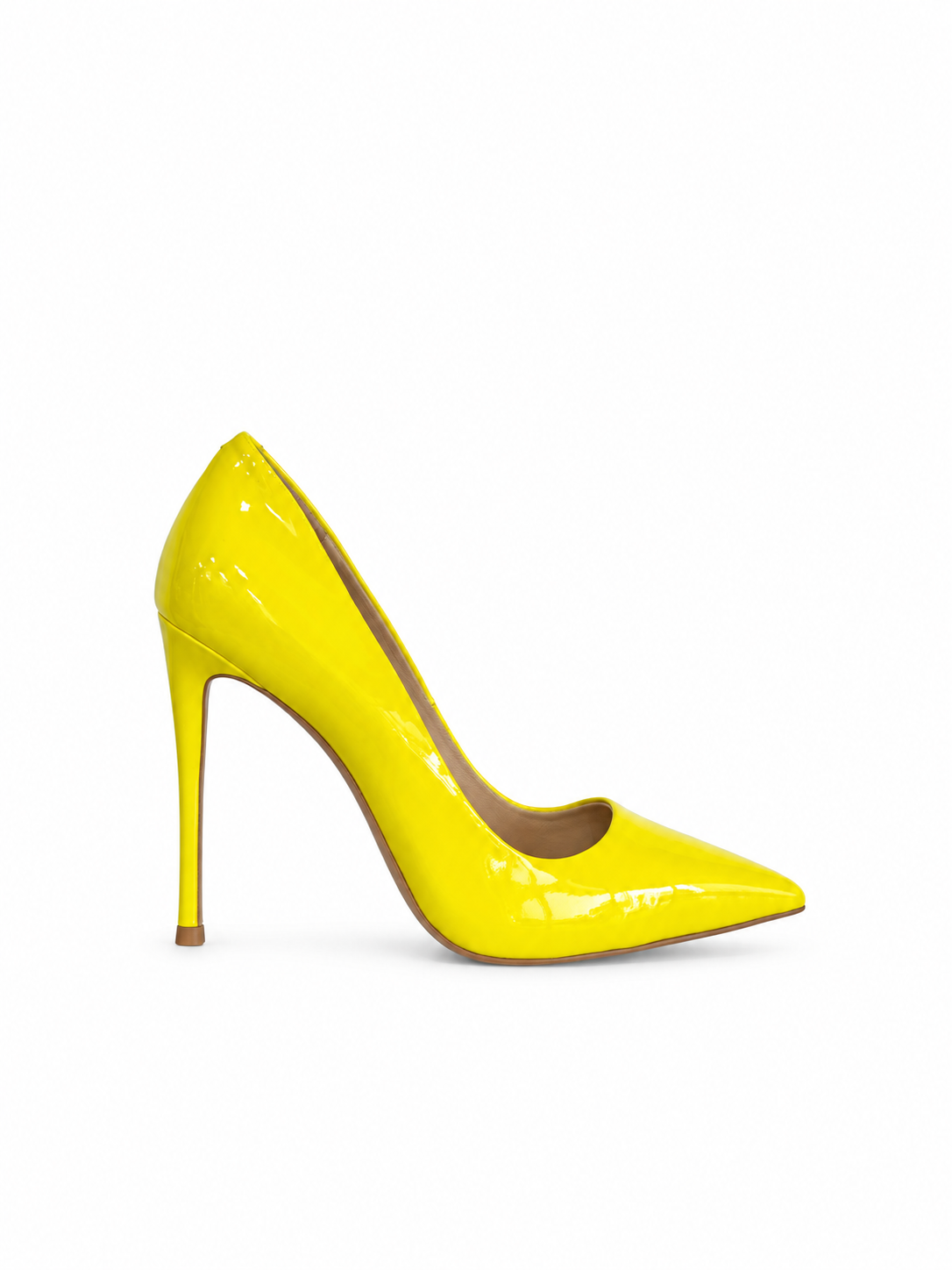 Yellow patent leather pointed-toe pumps with high stiletto heel, angled view