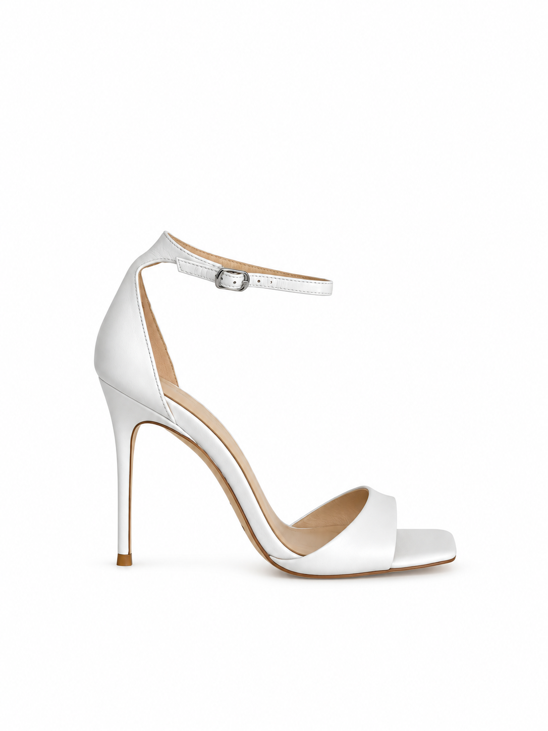 White leather heeled sandal with open toe, ankle strap and thin stiletto heel
