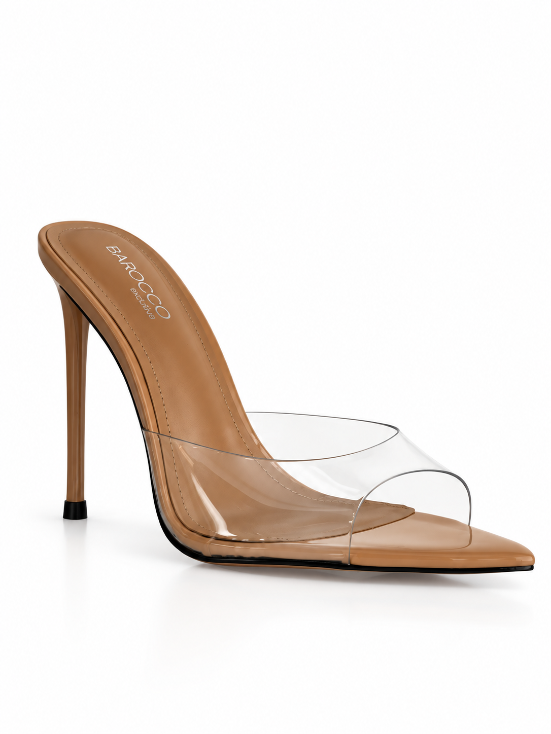 IRIS Nude Leather Stiletto Mules with Clear Strap