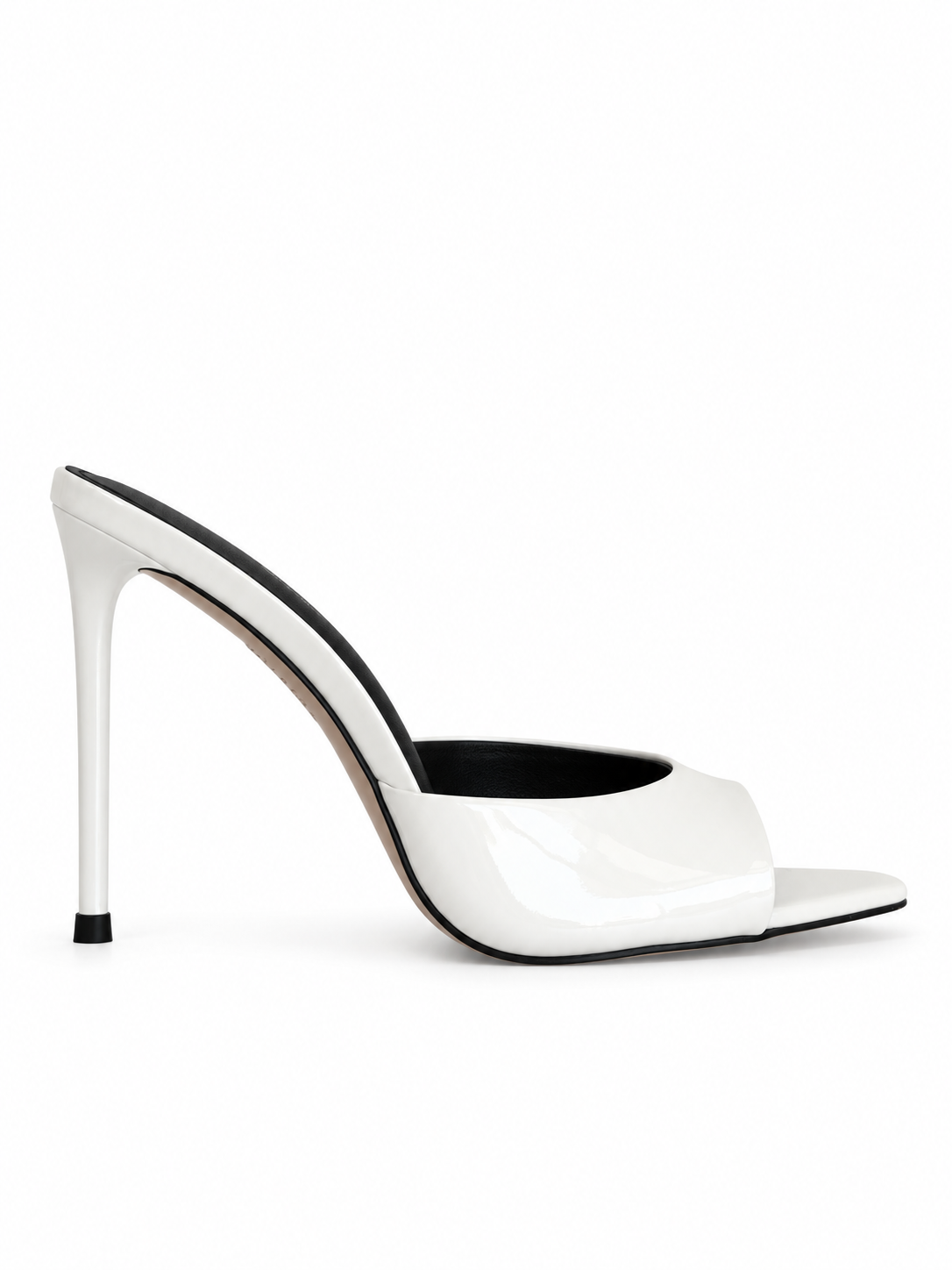 White patent leather peep-toe slide sandal with high stiletto heel
