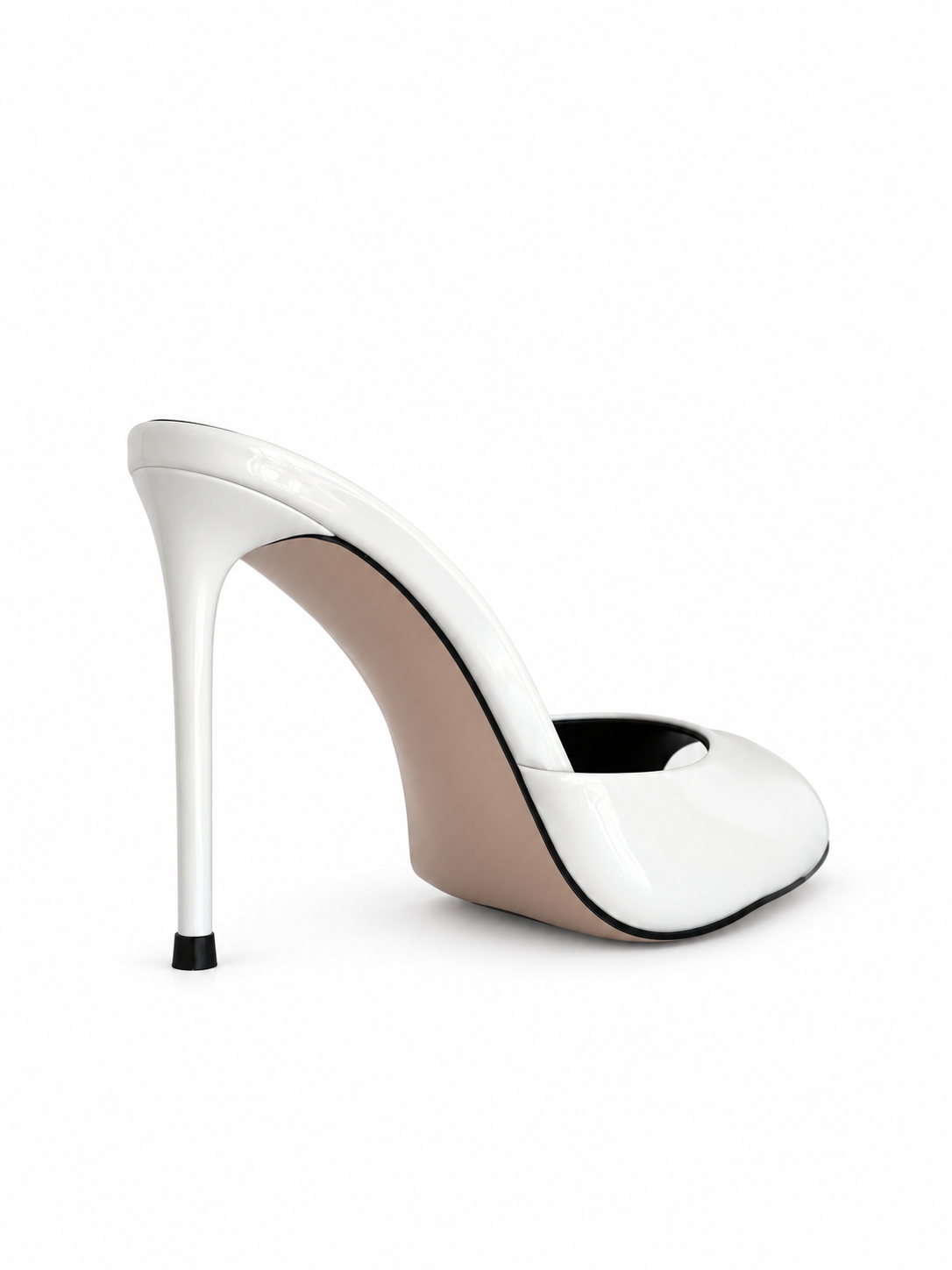 White patent leather peep-toe slide sandal, high stiletto heel, glossy finish