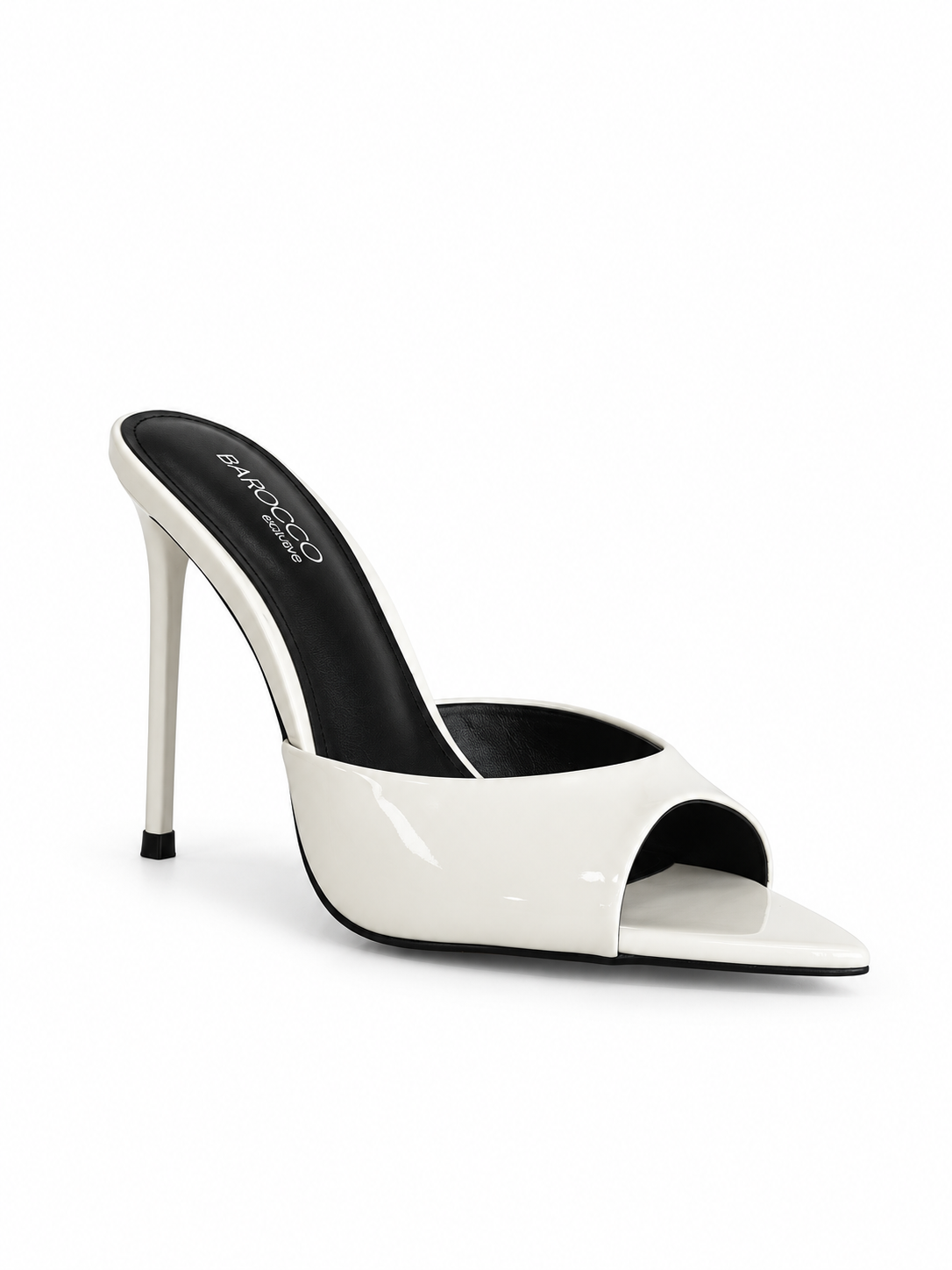 White patent leather heeled slide sandal with black lining and stiletto heel