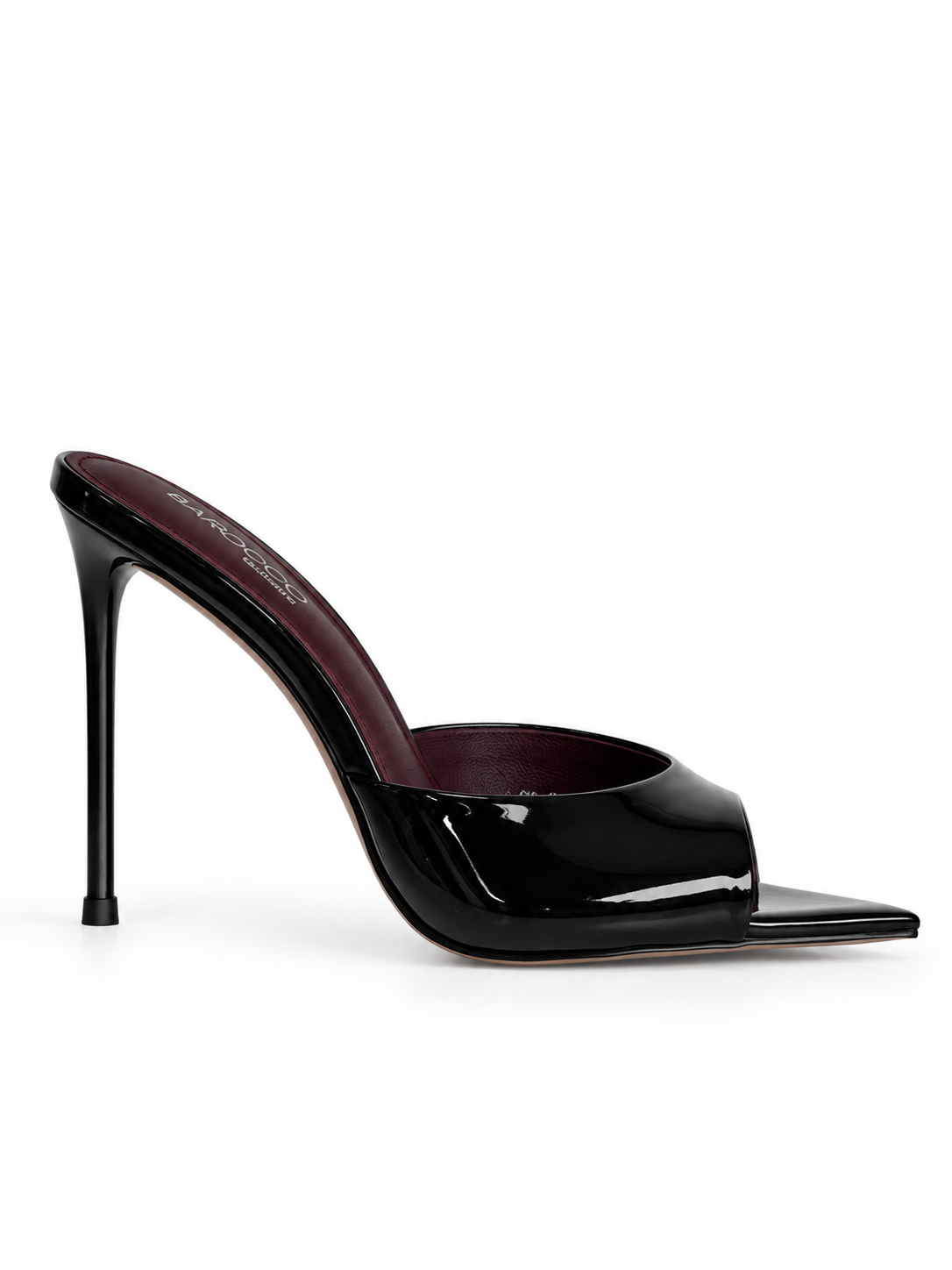 Black patent leather open-toe mule sandal angled side view, high stiletto heel