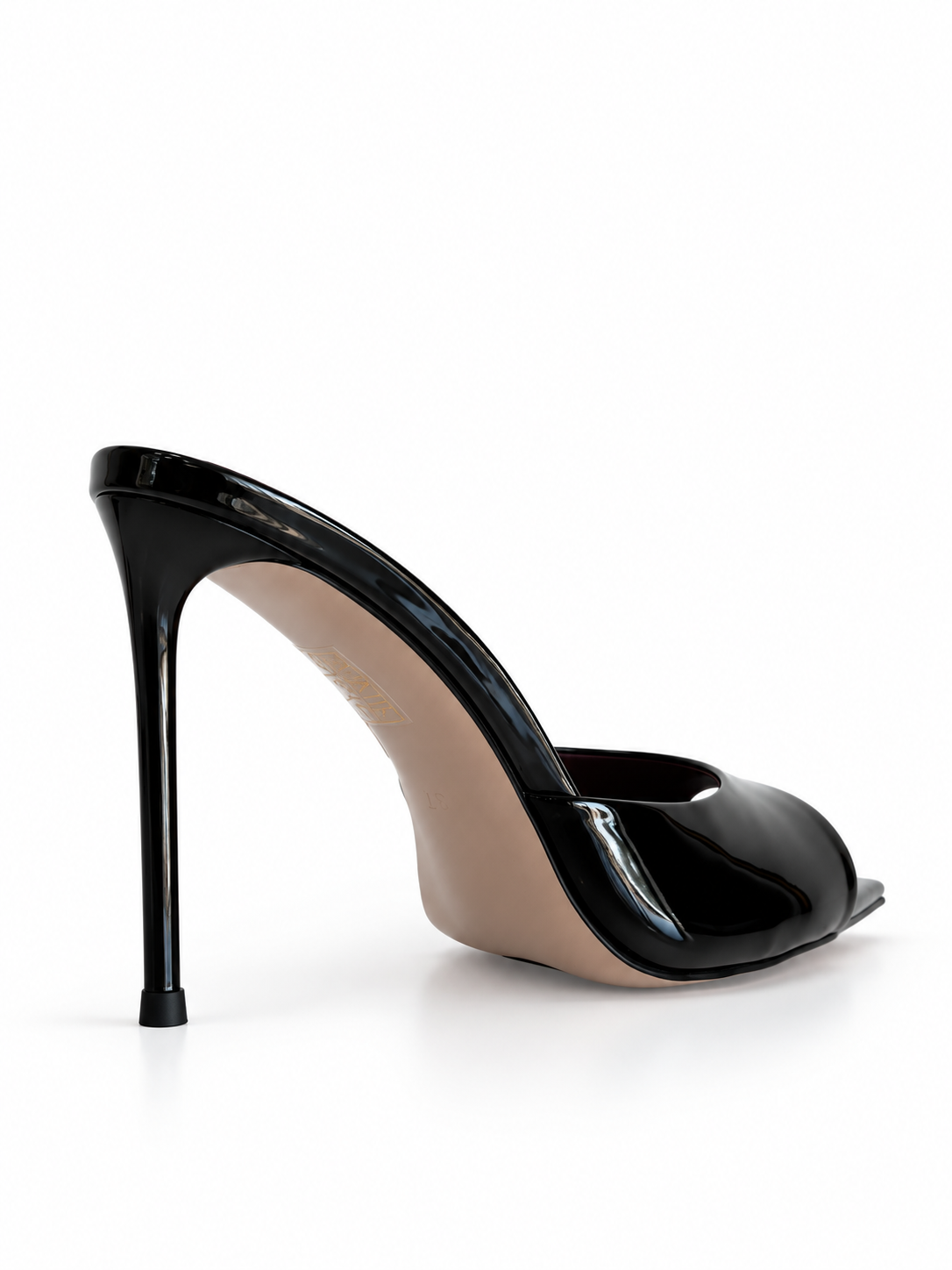 Black patent leather open-toe mule sandals with glossy finish and stiletto heel
