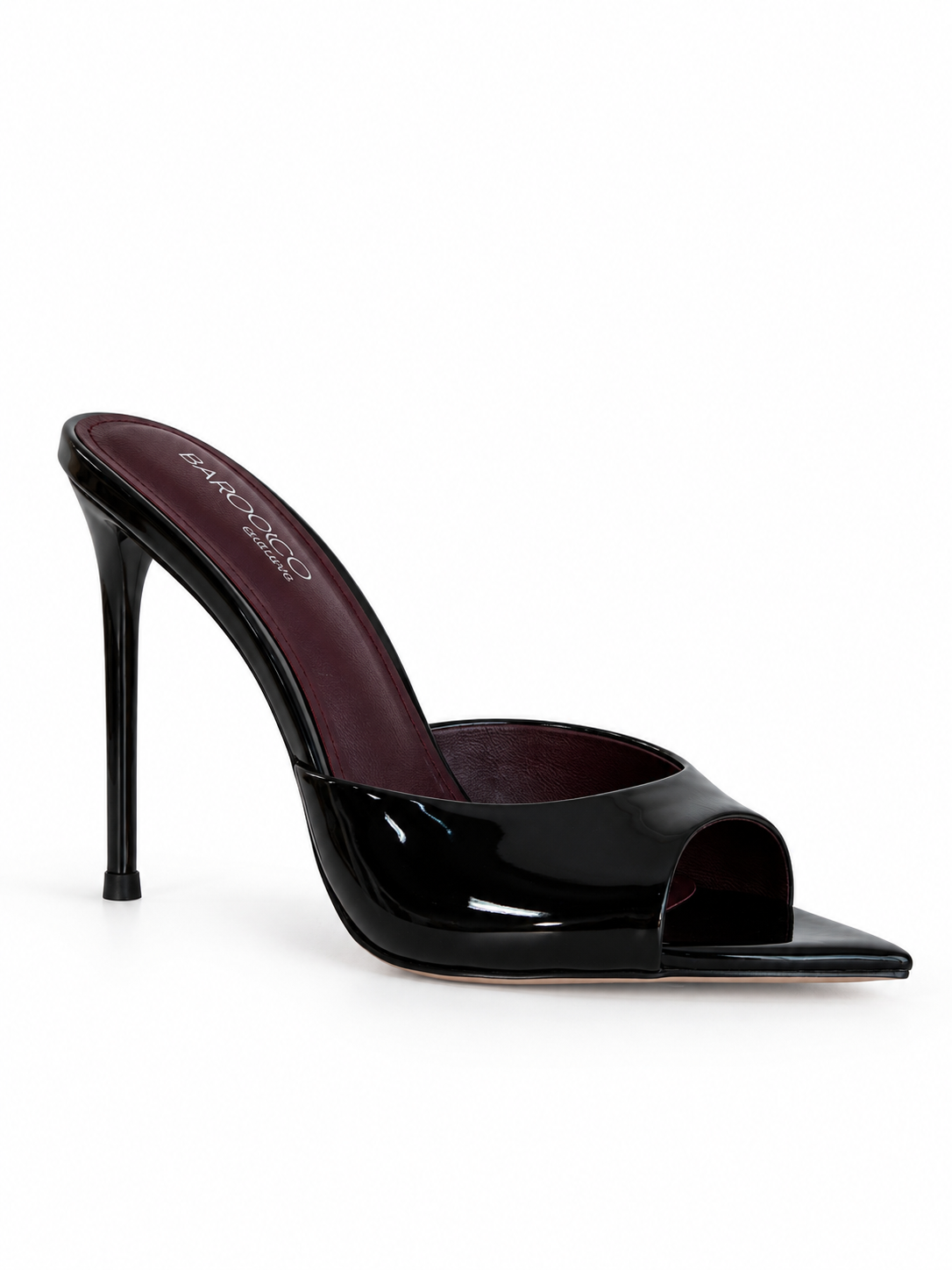 Black patent leather open-toe mule sandal side view, glossy finish, stiletto heel