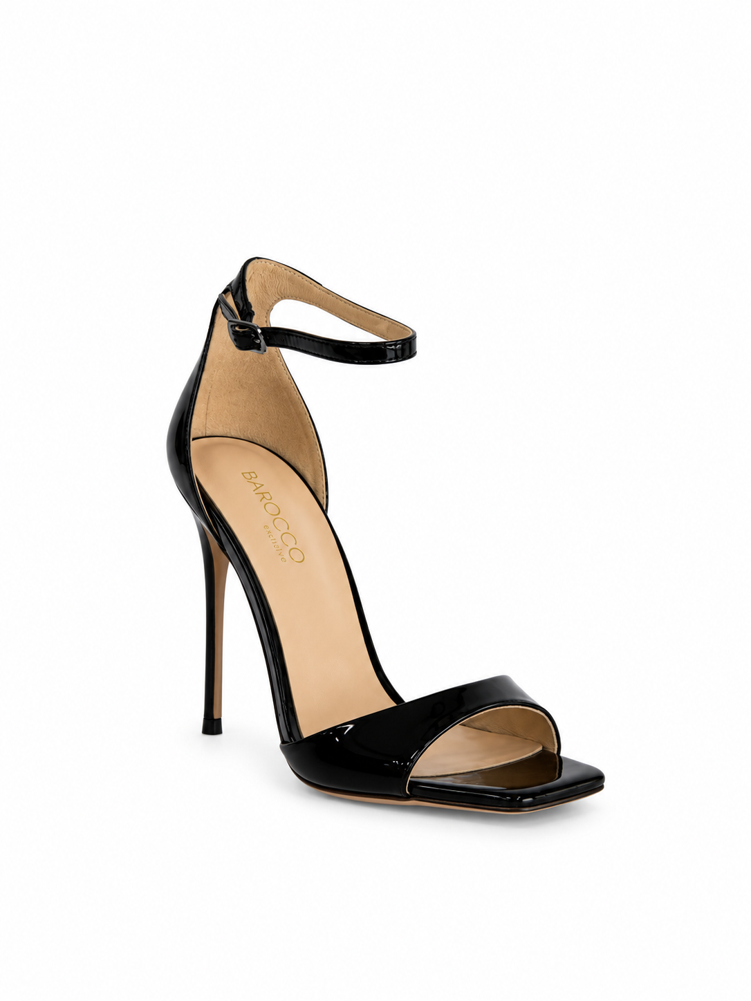 Black patent leather high-heel sandals with ankle strap and open toe