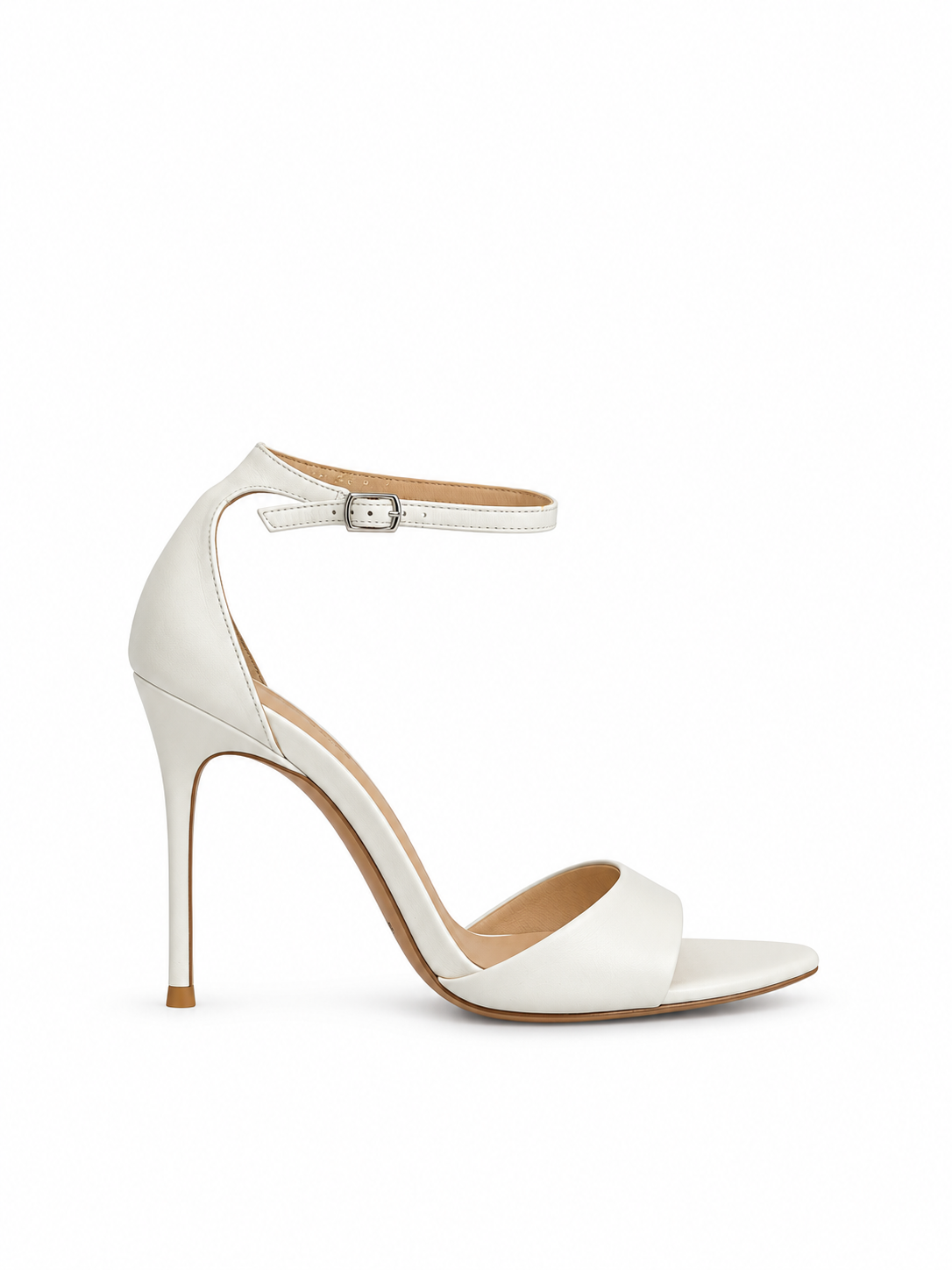 White leather heeled sandal with adjustable buckle ankle strap and open toe