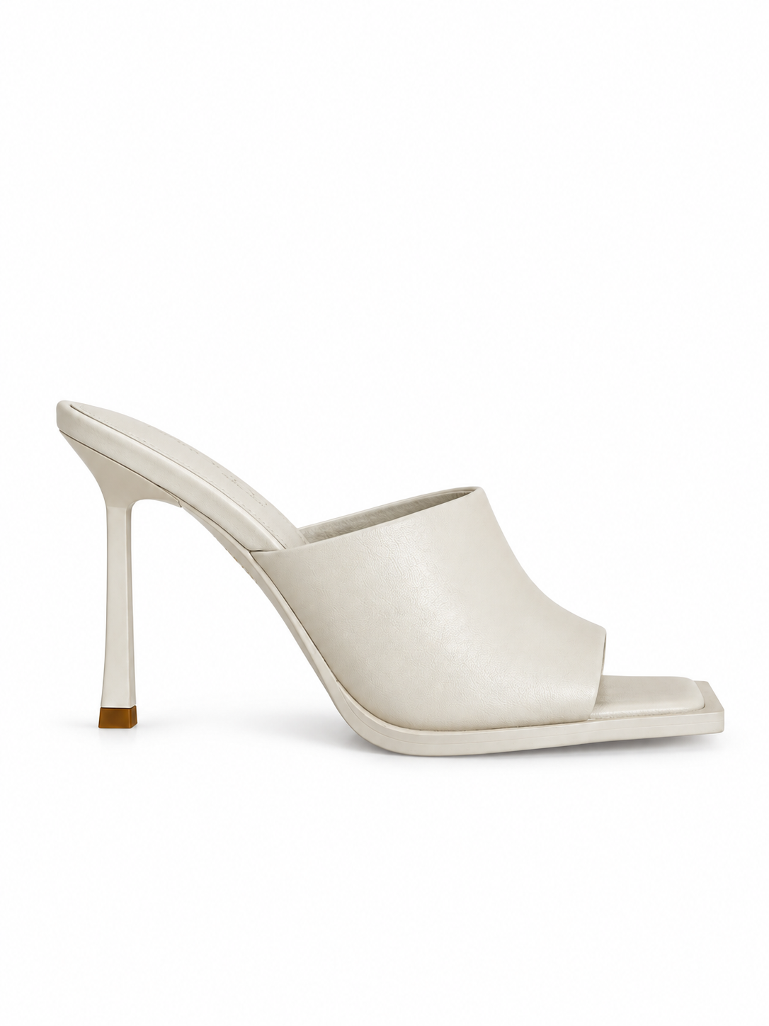 Ivory leather mules, open toe with wide strap, 100mm stiletto heel