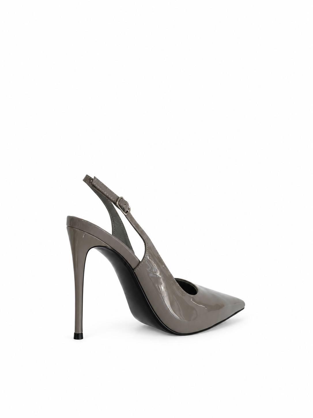 Grey patent leather slingback pump, open back strap, high stiletto heel
