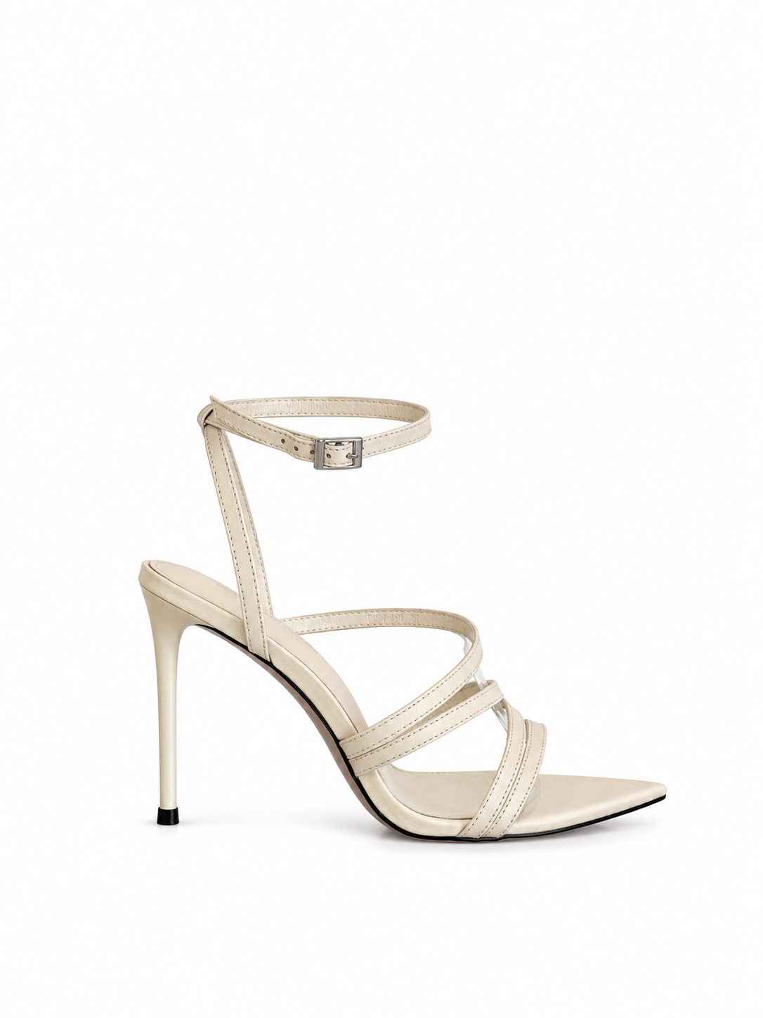 Ivory leather heeled sandals with ankle-buckle strap and open toe, 100 mm stiletto