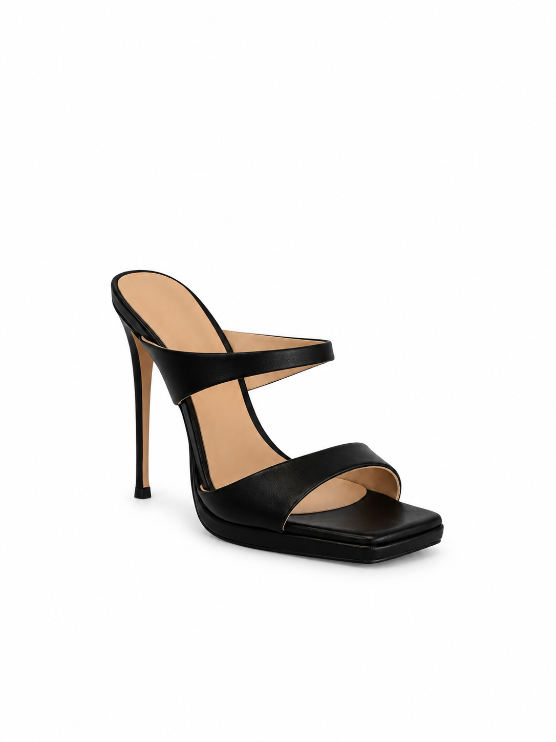 Black genuine leather heeled sandals with T-strap and open toe