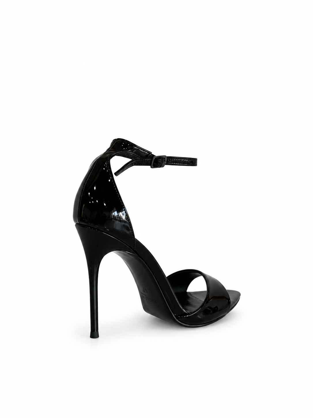 Black patent leather heeled sandal with ankle strap buckle and open toe, stiletto heel