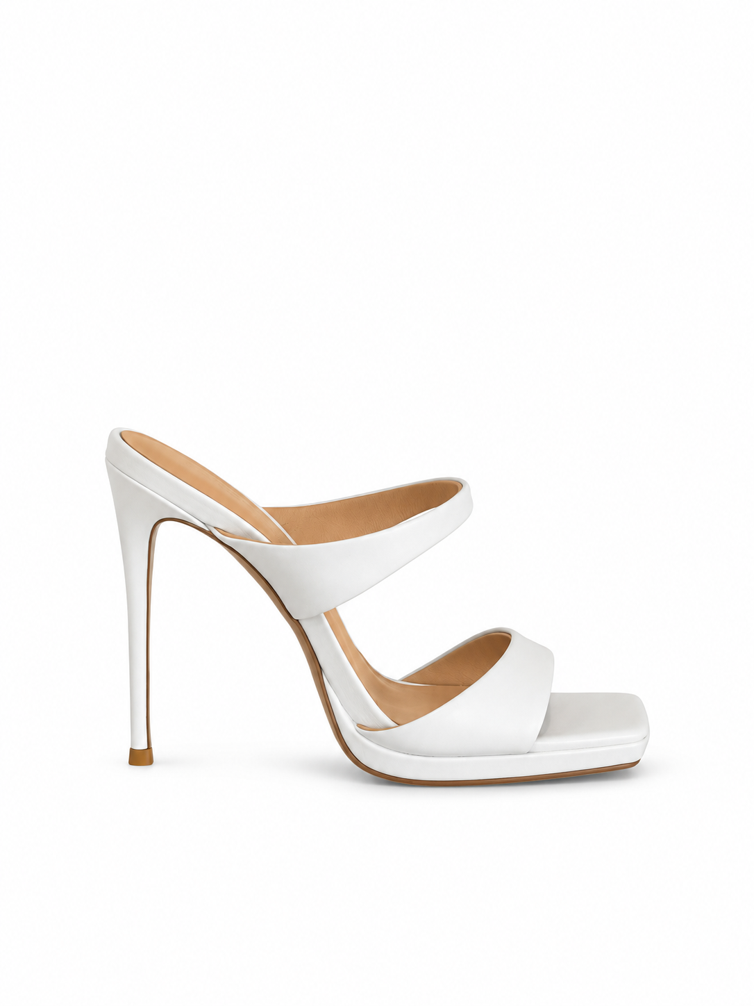 White leather heeled sandals with thick platform sole, open toe, stiletto heel