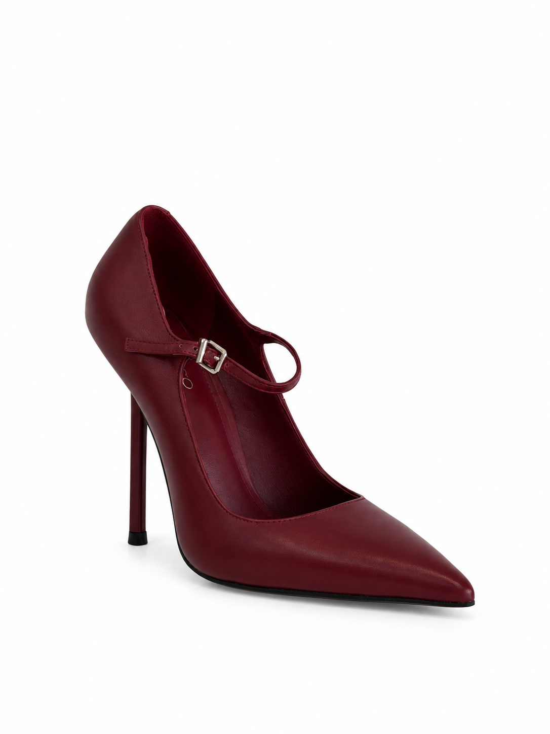 Burgundy leather Mary Jane pumps with pointed toe, stiletto heel, ankle strap buckle