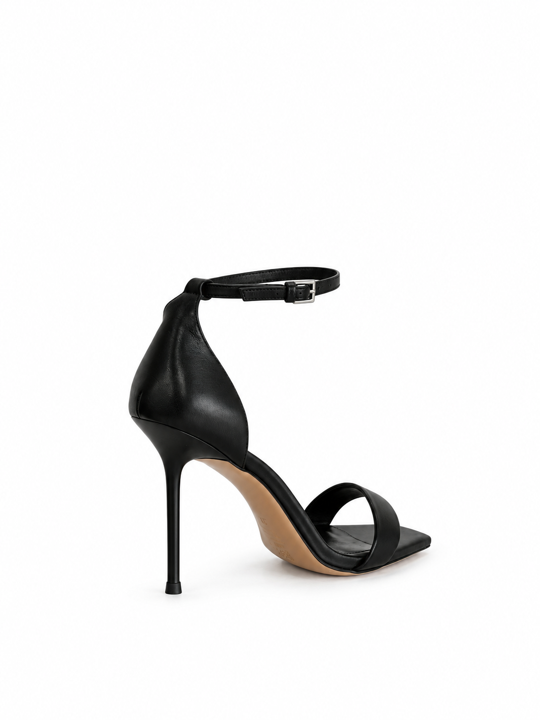 Black leather heeled sandals with buckle ankle strap and slim toe strap, stiletto