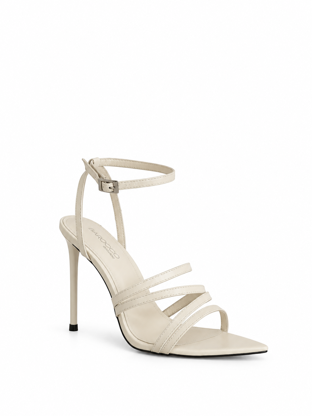Ivory leather heeled sandals with ankle strap, thin 100 mm stiletto heel