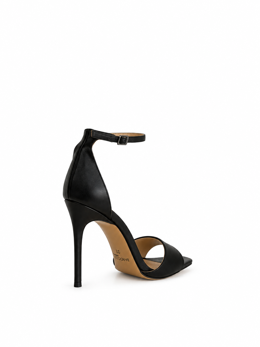 Black leather heeled sandals with ankle strap buckle, open toe, slim stiletto heel
