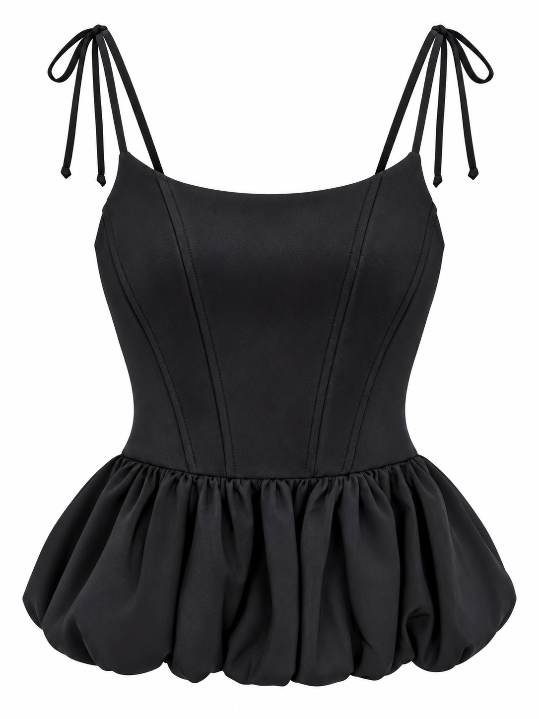 Black bubble peplum corset top with ribbon-tie shoulder straps and gathered skirt