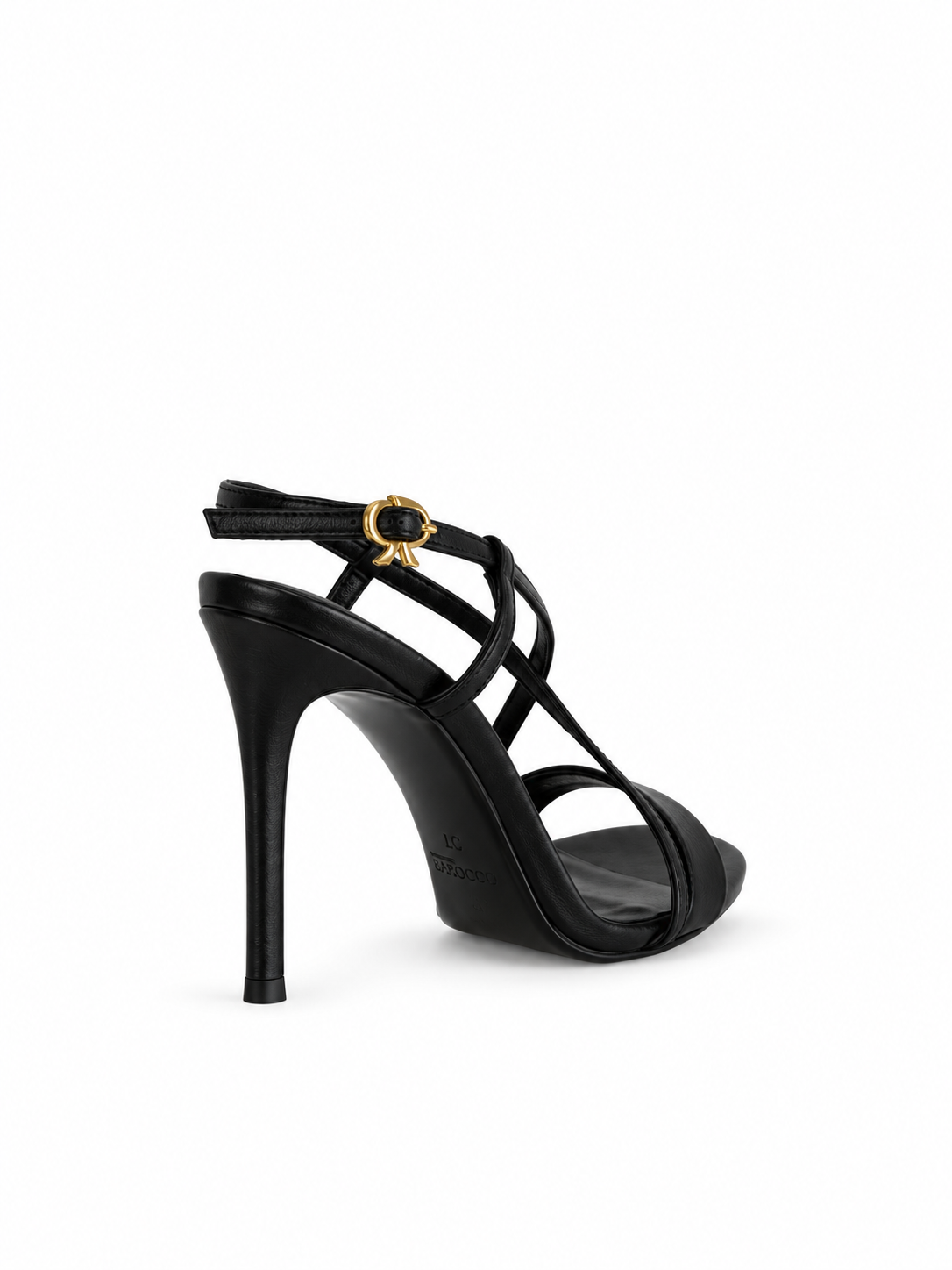 Black leather heeled sandals with cross straps and gold ring buckle, open toe, stiletto