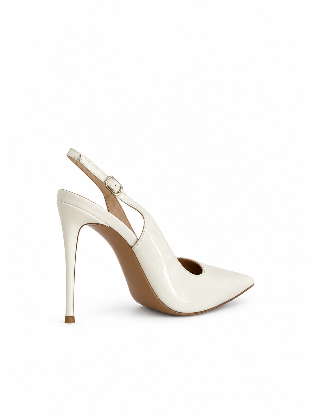 White patent leather slingback pump with buckle strap, pointed toe, 115mm heel