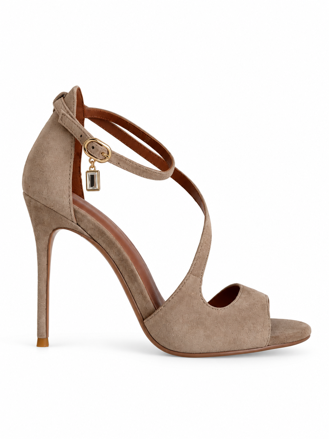 Beige suede heeled sandals with ankle buckle strap and open toe, front side view