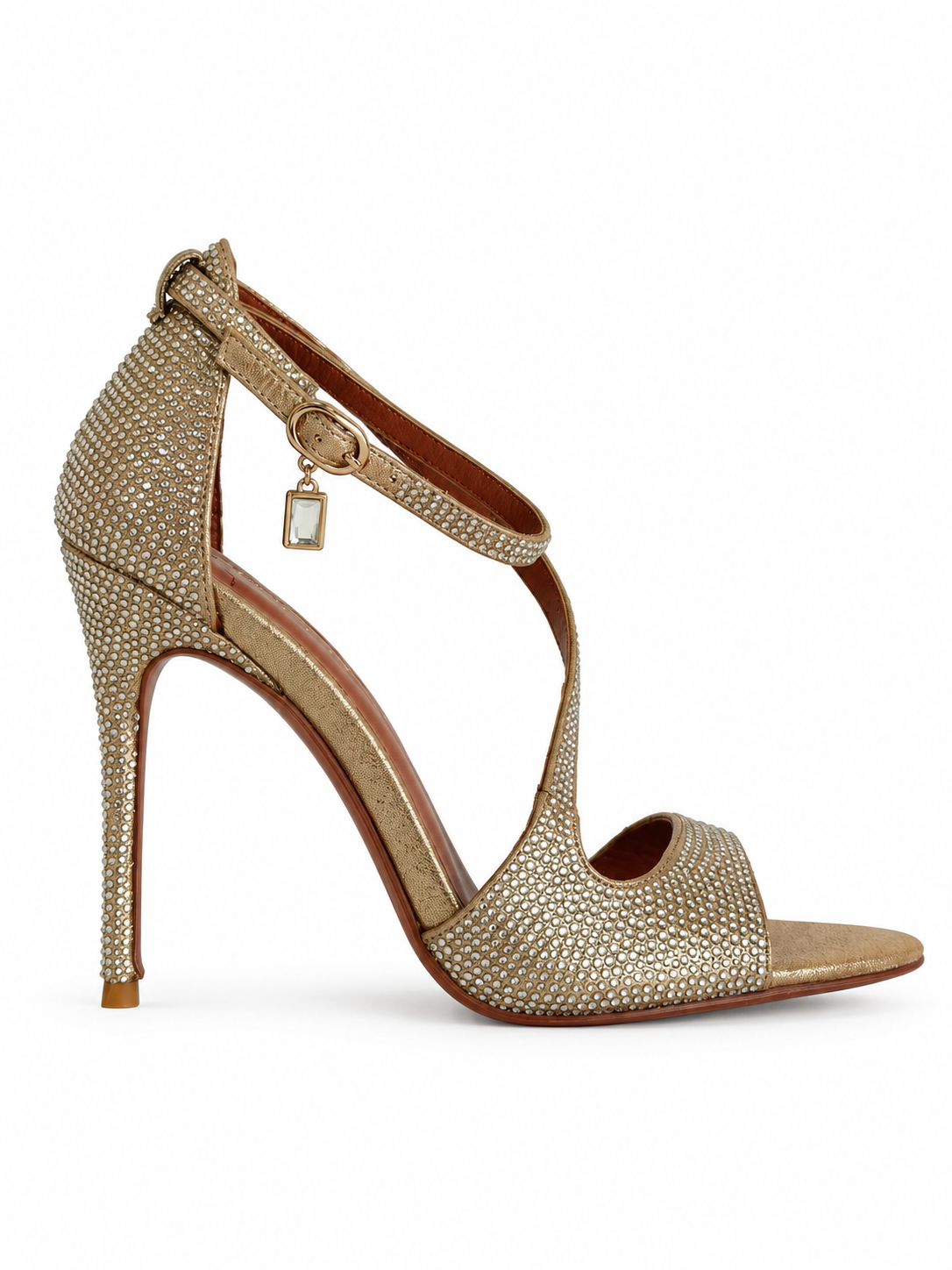 Gold rhinestone T-strap high-heel sandals with ankle strap and square buckle
