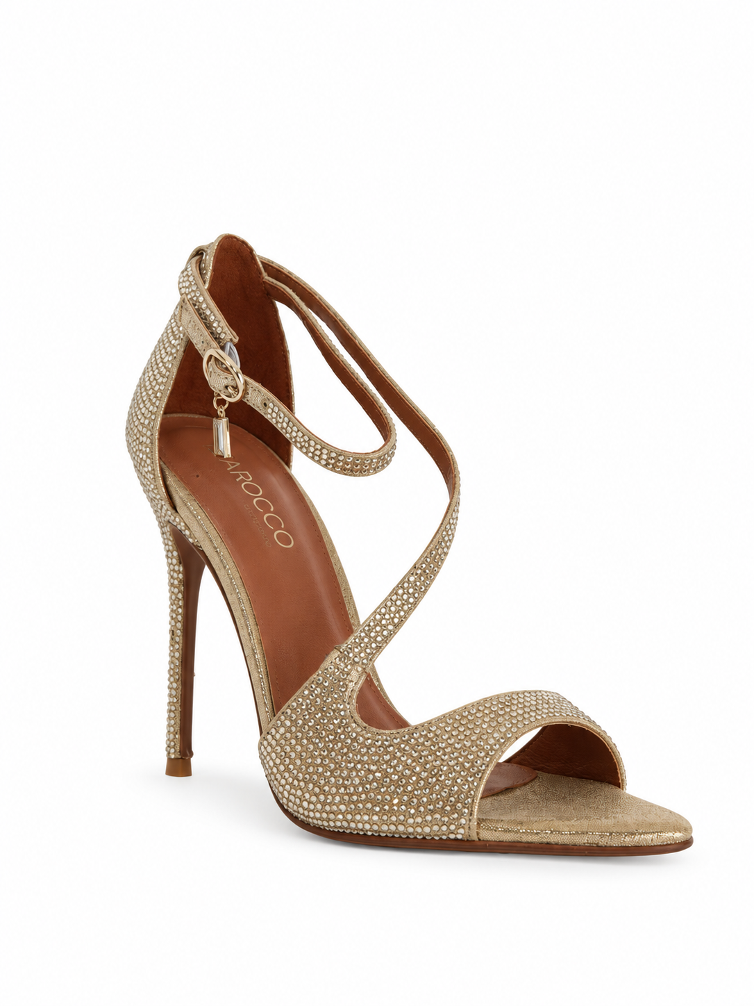 Gold rhinestone open-toe high-heel sandals, ankle strap and crystal buckle
