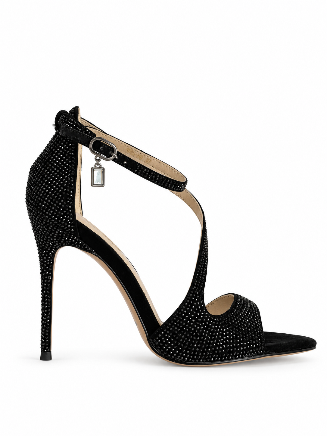 Black suede crystal-embellished heeled sandals with open toe, ankle strap, slim stiletto heel