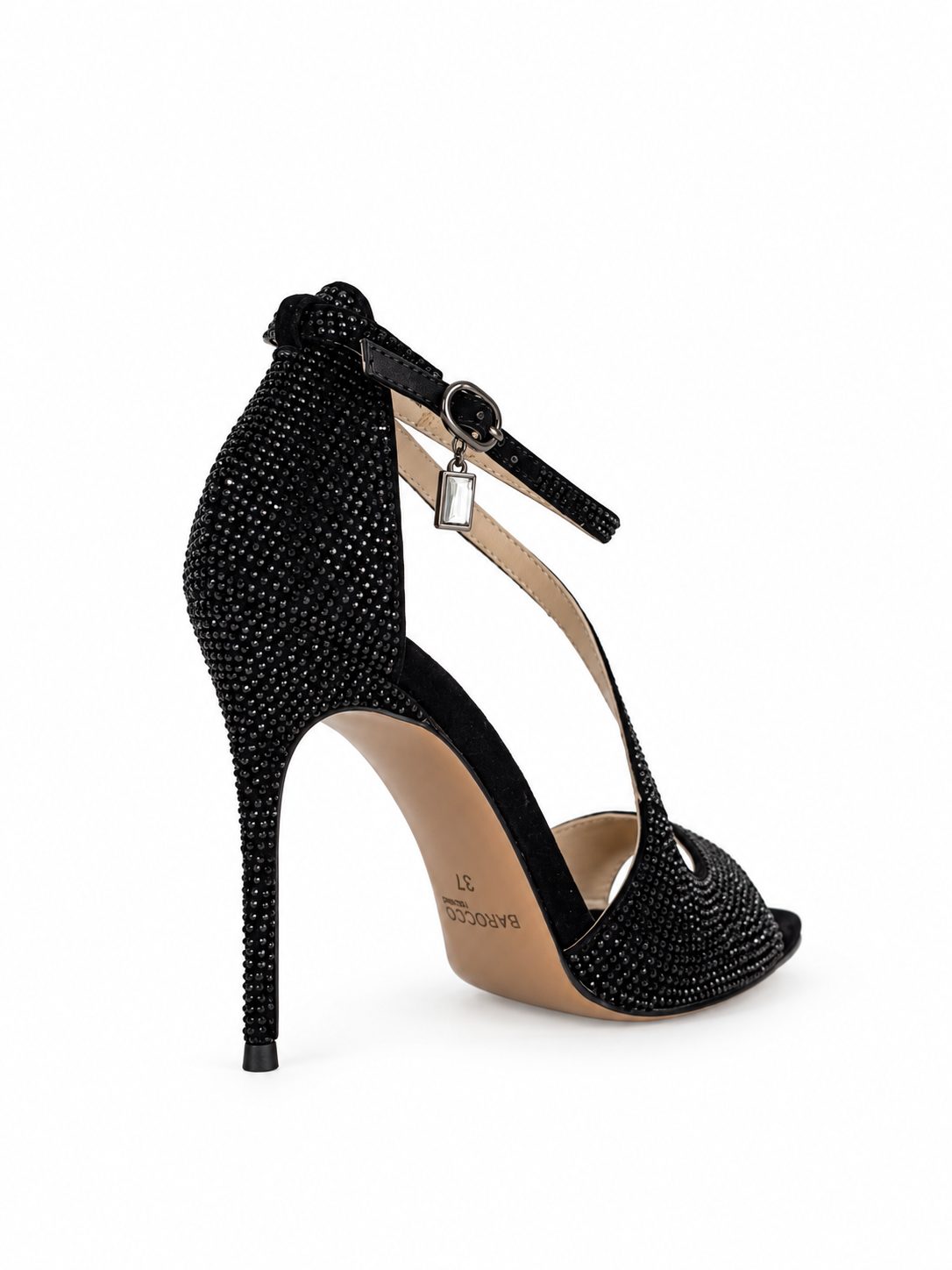 Black crystal-embellished suede heeled sandals with open toe and ankle strap stiletto heel