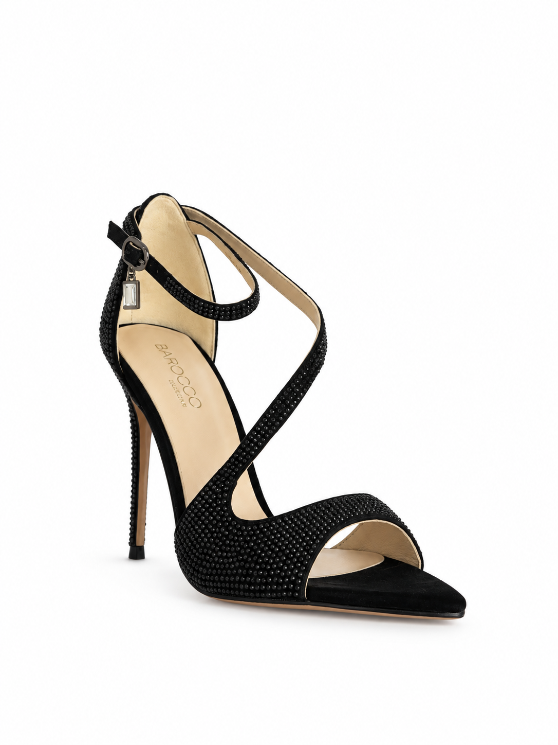 Black suede crystal-embellished heeled sandals with open toe and ankle buckle strap