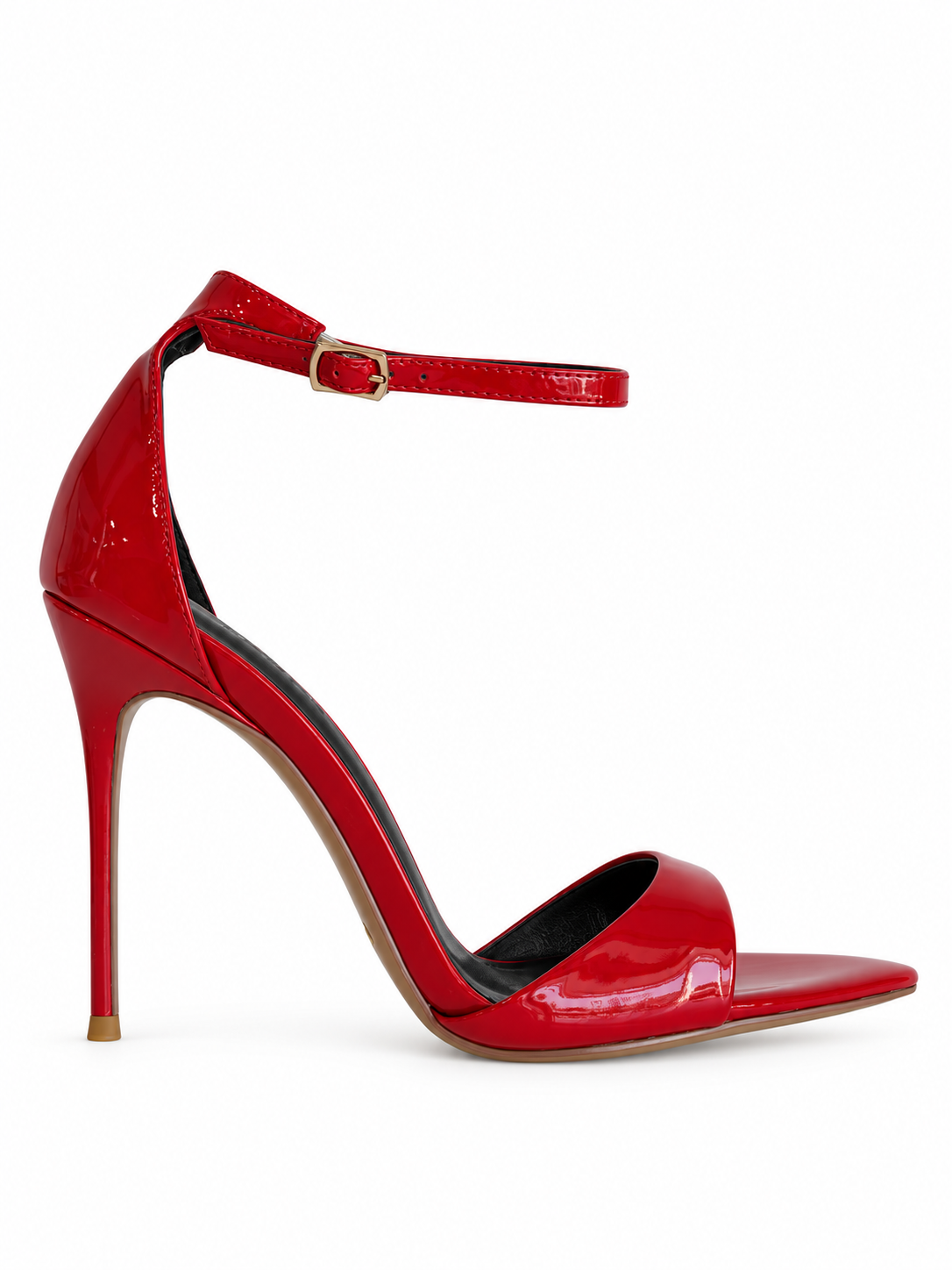 Red patent leather heeled sandal, side view, with ankle strap buckle and open toe