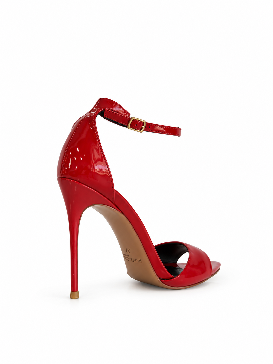 Red patent leather heeled sandal with ankle strap buckle, open toe, stiletto heel