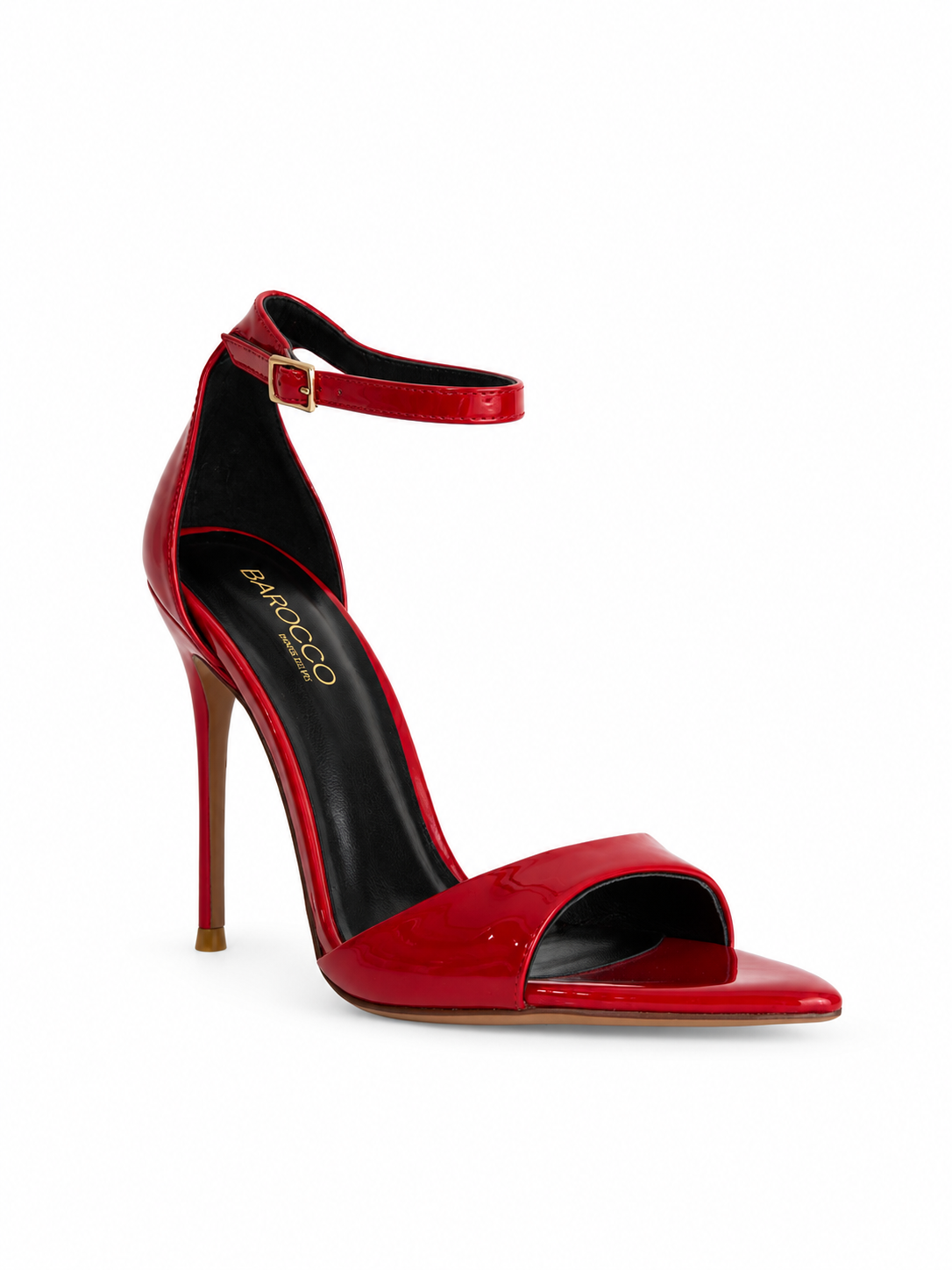 Red patent leather heeled sandal with ankle strap buckle and open toe