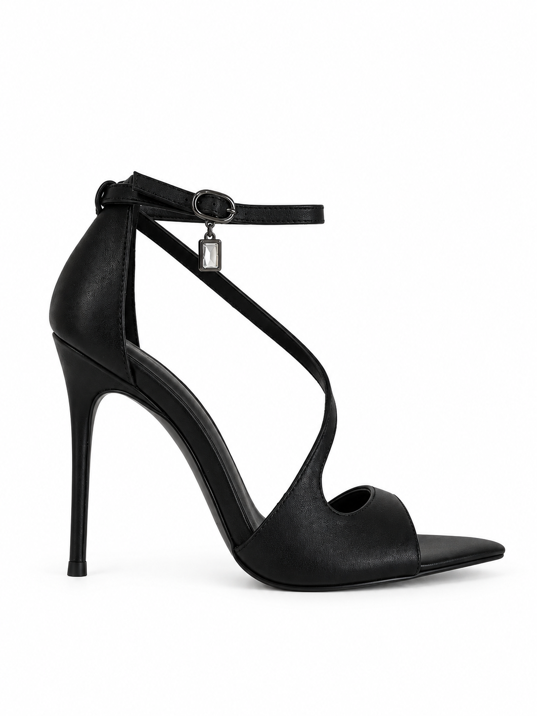 Black genuine leather heeled sandals with slingback strap and open toe, slim heel
