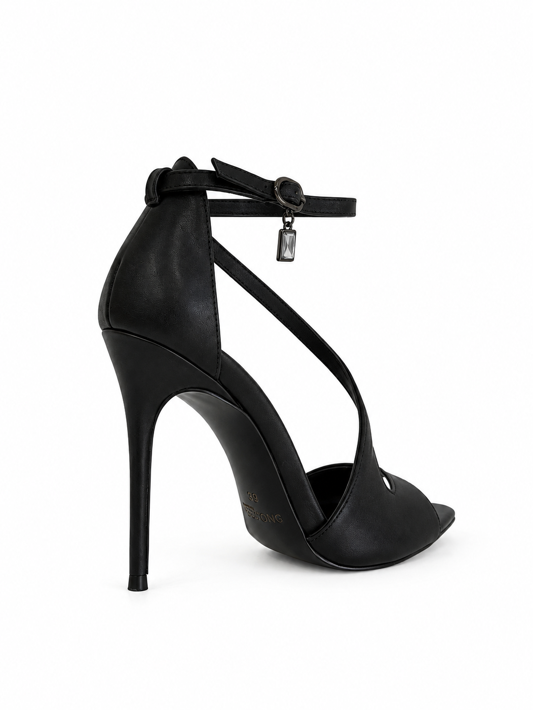 Black genuine leather heeled sandals with ankle strap and T-strap, buckle detail