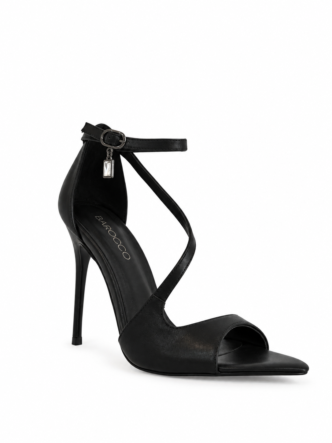 Black genuine leather heeled sandals with T-strap and buckle, 100mm heel