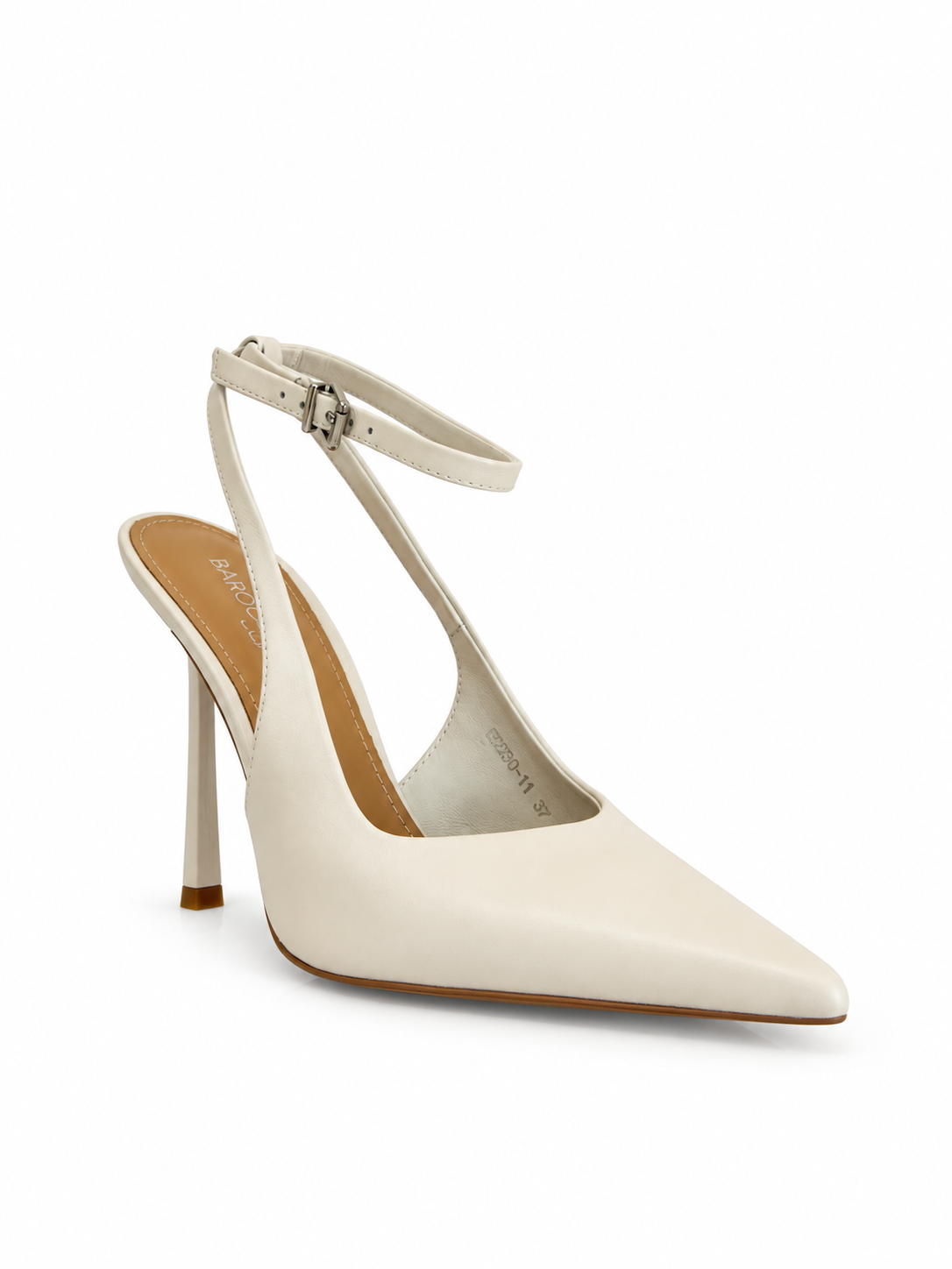 White leather slingback pump with pointed toe, ankle strap and buckled closure, high heel
