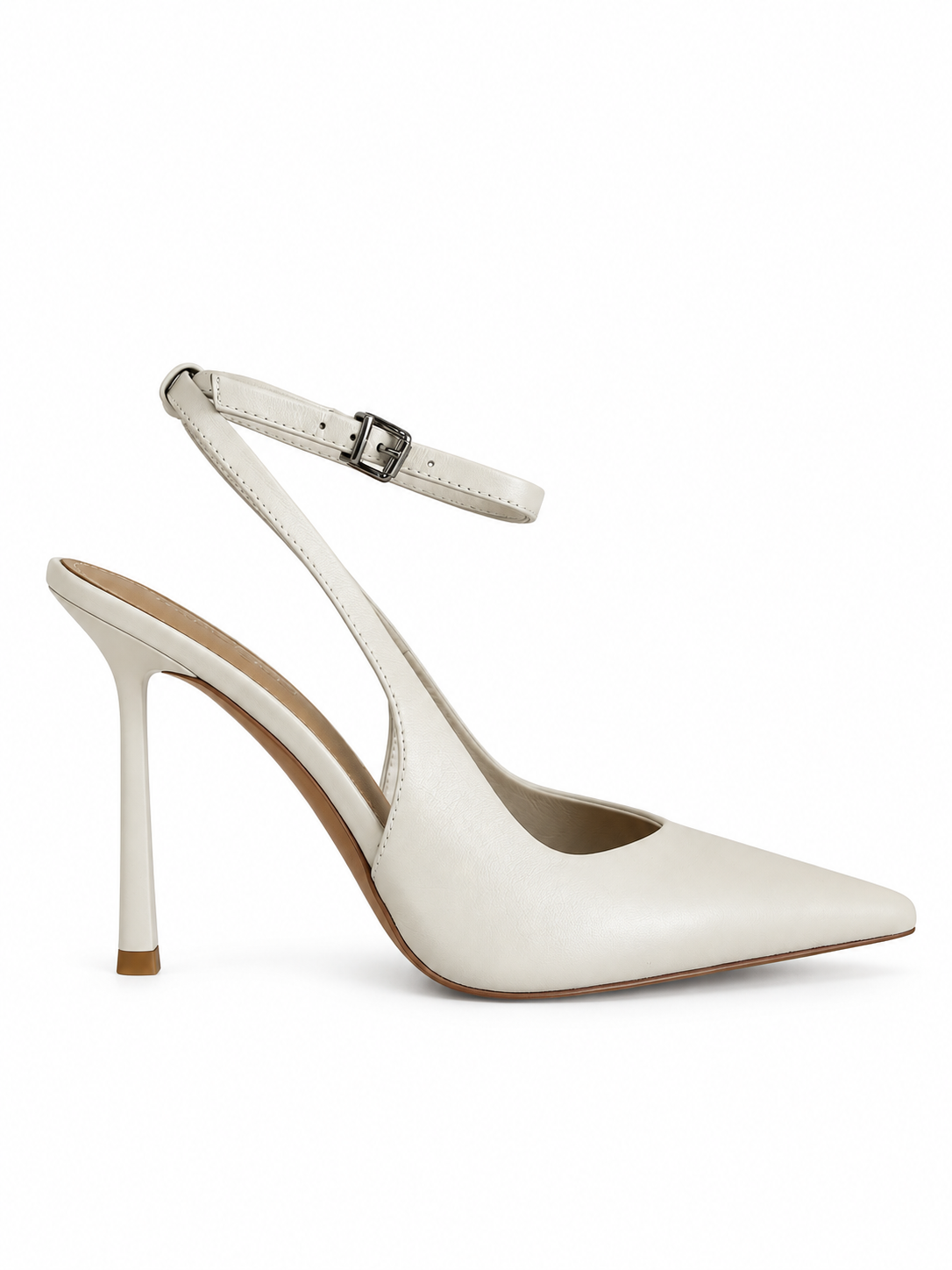 White leather slingback pump, angled side view, pointed toe and buckled ankle strap, high heel