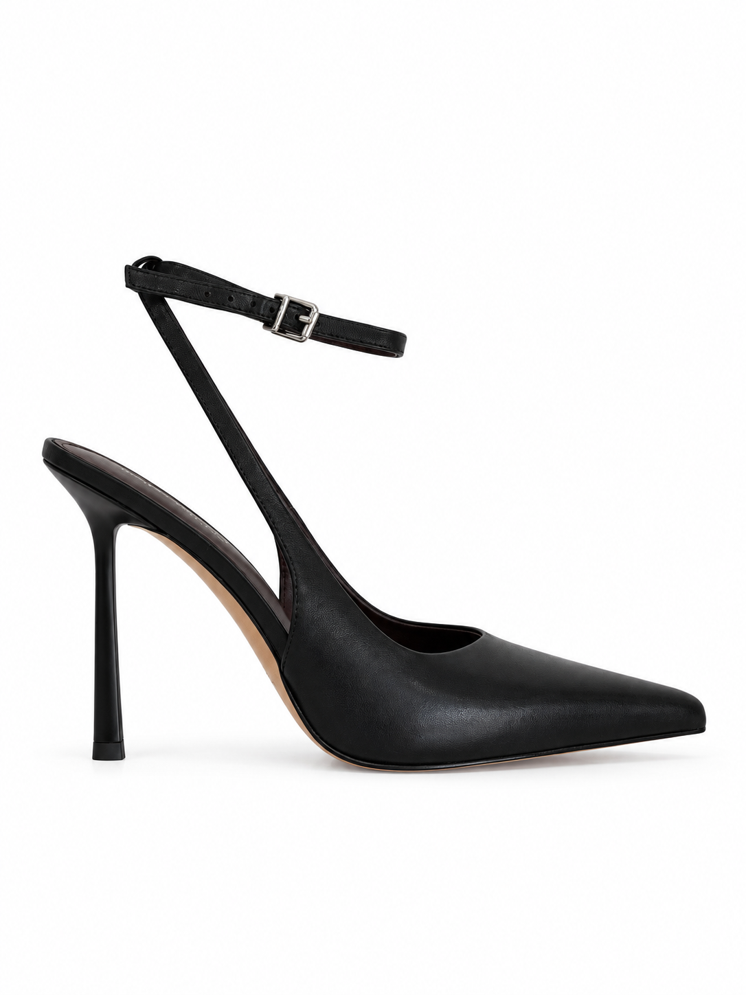 Black leather slingback pumps with pointed toe, ankle strap and silver buckle, stiletto heel