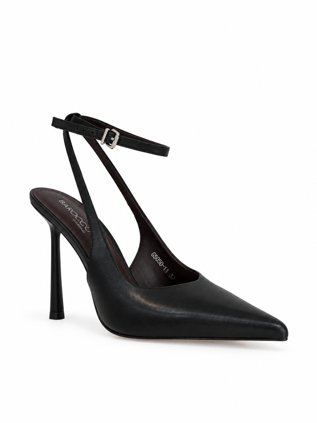 Black leather slingback pumps with ankle strap and silver buckle, stiletto heel